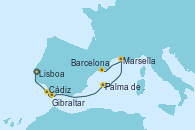 Visitando Lisboa (Portugal), Cádiz (España), Gibraltar (Inglaterra), Palma de Mallorca (España), Marsella (Francia), Barcelona