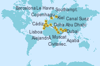 Visitando Dubai, Doha (Catar), Abu Dhabi (Emiratos Árabes Unidos), Muscat (Omán), Aqaba (Jordania), Canal Suez, Canal Suez, Alejandría (Egipto), Civitavecchia (Roma), Barcelona, Cádiz (España), Lisboa (Portugal), Le Havre (Francia), Southampton (Inglaterra), Kiel (Alemania), Copenhague (Dinamarca)