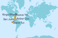 Visitando Nueva York (Estados Unidos), Grand Turks(Turks & Caicos), Amber Cove (República Dominicana), San Juan (Puerto Rico), Kings Wharf (Bermudas), Kings Wharf (Bermudas), Nueva York (Estados Unidos)