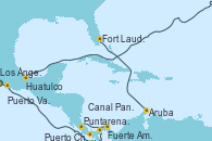 Visitando Los Ángeles (California), Puerto Vallarta (México), Huatulco (México), Puerto Chiapas (México), Puntarenas (Costa Rica), Fuerte Amador (Panamá), Canal Panamá, Aruba (Antillas), Fort Lauderdale (Florida/EEUU)