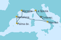 Visitando Civitavecchia (Roma),Nápoles (Italia),Navegación,Barcelona,Palma de Mallorca (España),Marsella (Francia),La Spezia, Florencia y Pisa (Italia),Civitavecchia (Roma)