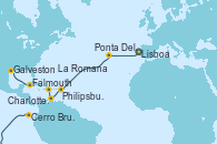 Visitando Lisboa (Portugal), Ponta Delgada (Azores), Philipsburg (St. Maarten), Charlotte Amalie (St. Thomas), La Romana (República Dominicana), Cerro Brujo (Isla San Cristóbal/Galápagos), Falmouth (Jamaica), Galveston (Texas)