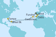 Visitando Lisboa (Portugal), Cádiz (España), Casablanca (Marruecos), Funchal (Madeira), Great Stirrup Cay (Bahamas), Tampa (Florida)