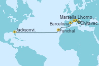 Visitando Civitavecchia (Roma), Livorno, Pisa y Florencia (Italia), Marsella (Francia), Barcelona, Funchal (Madeira), Jacksonville (Florida/EEUU)