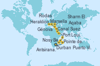 Visitando Durban (Sudáfrica), Pointe des Galets (Francia), Port Louis  (Mauricio), Antsiranana (Diego Suarez/Madagascar), Nosy Be (Madagascar), Puerto Victoria (Seychelles), Aqaba (Jordania), Sharm El Sheik (Egipto), Canal Suez, Canal Suez, Rodas (Grecia), Heraklion (Creta), Génova (Italia), Marsella (Francia)