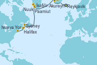 Visitando Reykjavik (Islandia), Akureyri (Islandia), Ísafjörður (Islandia), Nuuk (Groenlandia), Paamiut (Groenlandia), Sydney (Nueva Escocia/Canadá), Halifax (Canadá), Nueva York (Estados Unidos)