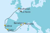 Visitando Le Havre (Francia), Southampton (Inglaterra), Lisboa (Portugal), Cádiz (España), Barcelona, Marsella (Francia)