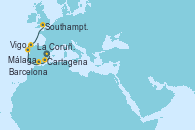 Visitando Barcelona, Cartagena (Murcia), Málaga, Vigo (España), La Coruña (Galicia/España), Southampton (Inglaterra)