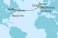 Visitando Southampton (Inglaterra), Le Havre (Francia), Dublin (Irlanda), Cork (Irlanda), Sydney (Nueva Escocia/Canadá), Halifax (Canadá), Nueva York (Estados Unidos)