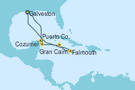 Visitando Galveston (Texas), Puerto Costa Maya (México), Falmouth (Jamaica), Gran Caimán (Islas Caimán), Cozumel (México), Galveston (Texas)