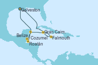 Visitando Galveston (Texas), Falmouth (Jamaica), Gran Caimán (Islas Caimán), Cozumel (México), Belize (Caribe), Roatán (Honduras), Galveston (Texas)