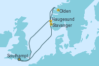 Visitando Southampton (Inglaterra), Stavanger (Noruega), Olden (Noruega), Haugesund (Noruega), Haugesund (Noruega), Southampton (Inglaterra)
