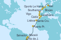 Visitando Río de Janeiro (Brasil), Salvador de Bahía (Brasil), Maceió (Brasil), Puerto Praia (Cabo Verde), Santa Cruz de Tenerife (España), Casablanca (Marruecos), Cádiz (España), Lisboa (Portugal), Oporto (Portugal), Vigo (España), Le Havre (Francia), Southampton (Inglaterra), Brujas (Bélgica), Kiel (Alemania)