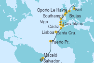 Visitando Salvador de Bahía (Brasil), Maceió (Brasil), Puerto Praia (Cabo Verde), Santa Cruz de Tenerife (España), Casablanca (Marruecos), Cádiz (España), Lisboa (Portugal), Oporto (Portugal), Vigo (España), Le Havre (Francia), Southampton (Inglaterra), Brujas (Bélgica), Kiel (Alemania)