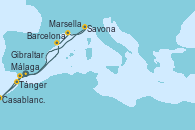 Visitando Málaga, Tánger (Marruecos), Casablanca (Marruecos), Casablanca (Marruecos), Gibraltar (Inglaterra), Barcelona, Marsella (Francia), Savona (Italia), Málaga