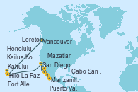 Visitando Vancouver (Canadá), Hilo (Hawai), Kahului (Hawai/EEUU), Kailua Kona (Hawai/EEUU), Honolulu (Hawai), Honolulu (Hawai), Port Allen, Kauai, Hawaiian, San Diego (California/EEUU), Manzanillo (México), Puerto Vallarta (México), Mazatlan (México), La Paz (México), Loreto (México), Cabo San Lucas (México), San Diego (California/EEUU)
