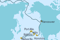 Visitando Vancouver (Canadá), Port Allen, Kauai, Hawaiian, Honolulu (Hawai), Honolulu (Hawai), Kailua Kona (Hawai/EEUU), Kahului (Hawai/EEUU), Hilo (Hawai), Vancouver (Canadá)