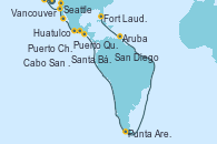 Visitando Seattle (Washington/EEUU), Vancouver (Canadá), Santa Bárbara (California), San Diego (California/EEUU), Cabo San Lucas (México), Acapulco (México), Huatulco (México), Puerto Chiapas (México), Puerto Quetzal (Guatemala), Punta Arenas (Chile), Aruba (Antillas), Fort Lauderdale (Florida/EEUU)