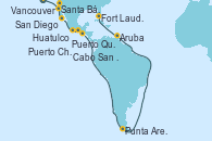 Visitando Vancouver (Canadá), Santa Bárbara (California), San Diego (California/EEUU), Cabo San Lucas (México), Acapulco (México), Huatulco (México), Puerto Chiapas (México), Puerto Quetzal (Guatemala), Punta Arenas (Chile), Aruba (Antillas), Fort Lauderdale (Florida/EEUU)