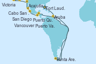 Visitando Fort Lauderdale (Florida/EEUU), Aruba (Antillas), Punta Arenas (Chile), Acajutla (El Salvador), Puerto Quetzal (Guatemala), Acapulco (México), Puerto Vallarta (México), Cabo San Lucas (México), San Diego (California/EEUU), Victoria (Canadá), Vancouver (Canadá)