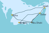 Visitando Abu Dhabi (Emiratos Árabes Unidos), Dubai, Sir Bani Yas Is (Emiratos Árabes Unidos), Abu Dhabi (Emiratos Árabes Unidos), Doha (Catar), RAS AL KHAIMAH, Jasab (Omán), Abu Dhabi (Emiratos Árabes Unidos)