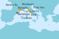 Visitando Barcelona, Rosas (Girona/España), Marsella (Francia), Sanary Sur Mer (Francia), Montecarlo (Mónaco), Livorno, Pisa y Florencia (Italia), Livorno, Pisa y Florencia (Italia), Porto Venere (Italia), Elba (Portoferraio/Italia), Civitavecchia (Roma)