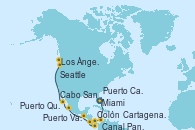 Visitando Miami (Florida/EEUU), Cartagena de Indias (Colombia), Colón (Panamá), Canal Panamá, Puerto Caldera (Costa Rica), Puerto Quetzal (Guatemala), Puerto Vallarta (México), Cabo San Lucas (México), Los Ángeles (California), Seattle (Washington/EEUU)