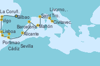 Visitando Bilbao (España), La Coruña (Galicia/España), Vigo (España), Lisboa (Portugal), Lisboa (Portugal), Portimao (Portugal), Sevilla (España), Sevilla (España), Cádiz (España), Alicante (España), Barcelona, Mahón (Menorca/España), Saint Tropez (Francia), Livorno, Pisa y Florencia (Italia), Civitavecchia (Roma)