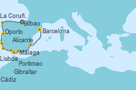 Visitando Bilbao (España), La Coruña (Galicia/España), Oporto (Portugal), Lisboa (Portugal), Portimao (Portugal), Cádiz (España), Gibraltar (Inglaterra), Málaga, Alicante (España), Barcelona