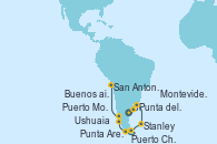 Visitando Buenos aires, Buenos aires, Montevideo (Uruguay), Punta del Este (Uruguay), Stanley (Malvinas), Ushuaia (Argentina), Ushuaia (Argentina), Punta Arenas (Chile), Puerto Chacabuco (Chile), Puerto Montt (Chile), San Antonio (Chile)