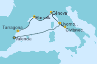 Visitando Valencia, Livorno, Pisa y Florencia (Italia), Civitavecchia (Roma), Génova (Italia), Marsella (Francia), Tarragona (España)