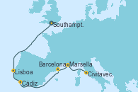 Visitando Southampton (Inglaterra), Lisboa (Portugal), Cádiz (España), Barcelona, Marsella (Francia), Civitavecchia (Roma)