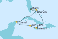Visitando Miami (Florida/EEUU), Falmouth (Jamaica), Gran Caimán (Islas Caimán), Cozumel (México), CocoCay (Bahamas), Miami (Florida/EEUU)
