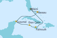 Visitando Miami (Florida/EEUU), Nassau (Bahamas), Cozumel (México), Gran Caimán (Islas Caimán), Falmouth (Jamaica), Miami (Florida/EEUU)