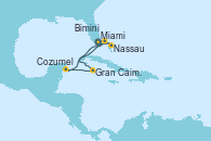 Visitando Miami (Florida/EEUU), Nassau (Bahamas), Bimini (Bahamas), Gran Caimán (Islas Caimán), Cozumel (México), Miami (Florida/EEUU)
