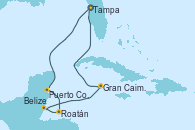 Visitando Tampa (Florida), Puerto Costa Maya (México), Roatán (Honduras), Belize (Caribe), Gran Caimán (Islas Caimán), Tampa (Florida)