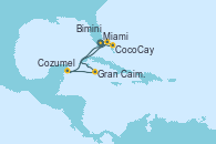 Visitando Miami (Florida/EEUU), CocoCay (Bahamas), Bimini (Bahamas), Gran Caimán (Islas Caimán), Cozumel (México), Miami (Florida/EEUU)
