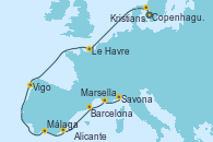 Visitando Copenhague (Dinamarca), Kristiansand (Noruega), Le Havre (Francia), Vigo (España), Málaga, Alicante (España), Barcelona, Marsella (Francia), Savona (Italia)