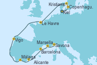 Visitando Kiel (Alemania), Copenhague (Dinamarca), Kristiansand (Noruega), Le Havre (Francia), Vigo (España), Málaga, Alicante (España), Barcelona, Marsella (Francia), Savona (Italia)
