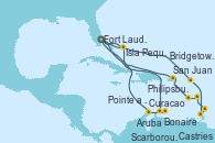 Visitando Fort Lauderdale (Florida/EEUU), Curacao (Antillas), Bonaire (Países Bajos), Aruba (Antillas), Isla Pequeña (San Salvador/Bahamas), Fort Lauderdale (Florida/EEUU), Isla Pequeña (San Salvador/Bahamas), Philipsburg (St. Maarten), Castries (Santa Lucía/Caribe), Scarborough (Trinidad & Tobago), Bridgetown (Barbados), Pointe a Pitre (Guadalupe), San Juan (Puerto Rico), Fort Lauderdale (Florida/EEUU)