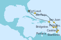 Visitando Fort Lauderdale (Florida/EEUU), Isla Pequeña (San Salvador/Bahamas), Philipsburg (St. Maarten), Castries (Santa Lucía/Caribe), Scarborough (Trinidad & Tobago), Bridgetown (Barbados), Pointe a Pitre (Guadalupe), San Juan (Puerto Rico), Fort Lauderdale (Florida/EEUU)