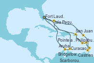 Visitando Fort Lauderdale (Florida/EEUU), Isla Pequeña (San Salvador/Bahamas), Philipsburg (St. Maarten), Castries (Santa Lucía/Caribe), Scarborough (Trinidad & Tobago), Bridgetown (Barbados), Pointe a Pitre (Guadalupe), San Juan (Puerto Rico), Fort Lauderdale (Florida/EEUU), Curacao (Antillas), Aruba (Antillas), Aruba (Antillas), Isla Pequeña (San Salvador/Bahamas), Fort Lauderdale (Florida/EEUU)