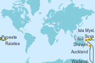 Visitando Papeete (Tahití), Raiatea (Polinesia Francesa), Suva (Fiyi), Dravuni (Fiji), Isla Mystery (Vanuatu), Lifou (Isla Loyalty/Nueva Caledonia), Waitangi (Islas Bay/Nueva Zelanda), Auckland (Nueva Zelanda)