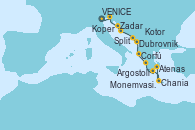 Visitando VENICE (FUSINA) -  ITALY, Koper (Eslovenia), Zadar (Croacia), Split (Croacia), Dubrovnik (Croacia), Kotor (Montenegro), Corfú (Grecia), Argostoli (Grecia), Monemvasia (Grecia), Chania (Creta/Grecia), Atenas (Grecia)