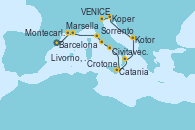 Visitando Barcelona, Marsella (Francia), Montecarlo (Mónaco), Livorno, Pisa y Florencia (Italia), Civitavecchia (Roma), Sorrento (Nápoles/Italia), Catania (Sicilia), Crotone (Italia), Kotor (Montenegro), Koper (Eslovenia), VENICE (FUSINA) -  ITALY