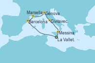 Visitando La Valletta (Malta), Barcelona, Marsella (Francia), Génova (Italia), Civitavecchia (Roma), Messina (Sicilia), La Valletta (Malta)