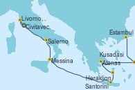 Visitando Civitavecchia (Roma), Livorno, Pisa y Florencia (Italia), Salerno (Italia), Messina (Sicilia), Heraklion (Creta), Santorini (Grecia), Atenas (Grecia), Kusadasi (Efeso/Turquía), Estambul (Turquía), Estambul (Turquía)