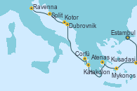 Visitando Estambul (Turquía), Kusadasi (Efeso/Turquía), Mykonos (Grecia), Atenas (Grecia), Katakolon (Olimpia/Grecia), Corfú (Grecia), Dubrovnik (Croacia), Kotor (Montenegro), Split (Croacia), Ravenna (Italia)