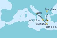 Visitando Bari (Italia), Bahía de Souda (Grecia), Mykonos (Grecia), Katakolon (Olimpia/Grecia), Marghera (Venecia/Italia), Bari (Italia)