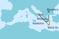 Visitando Marghera (Venecia/Italia), Bari (Italia), Bahía de Souda (Grecia), Mykonos (Grecia), Katakolon (Olimpia/Grecia), Marghera (Venecia/Italia)